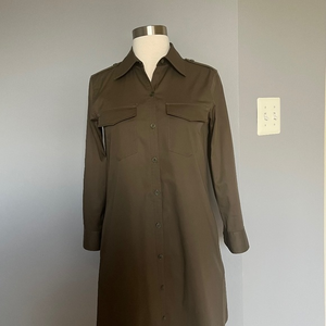 Theory Military Green Long Roll up Sleeve Button Up Cotton Casual Collared Dress